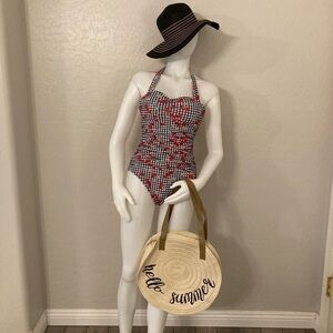 Blooming Jelly Black and White Gingham Cherry Print Bathing Suit Small